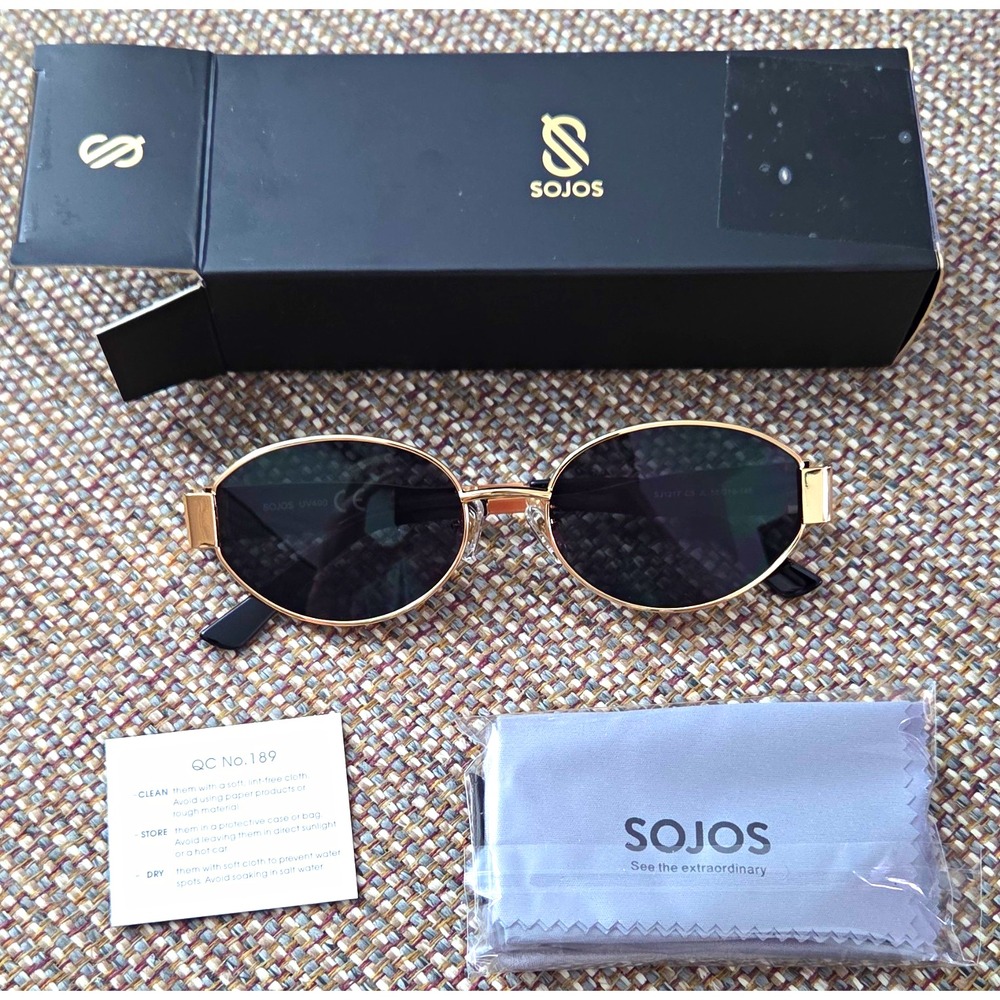 SOJOS SJ1217 Gold Metal Oval Sunglasses Black Tinted Lenses UV400 145mm